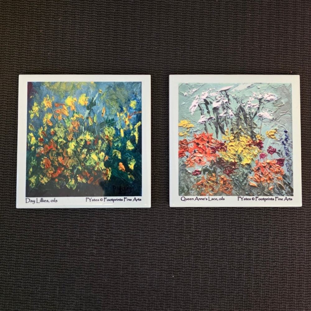 Set of 2 Pamela Yates Printed Tiles of Oils Queens Annes Lace & Day Lilies